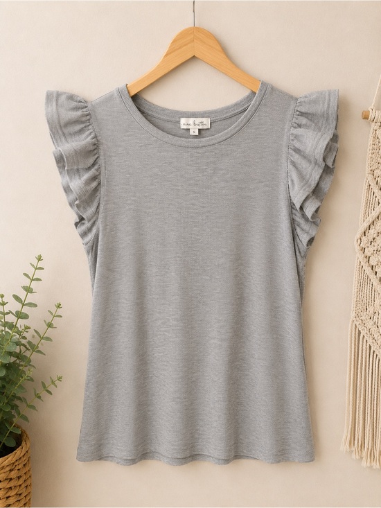 nine britton Tops - nine britton Heather Gray Ruffle Sleeve Knit Tee